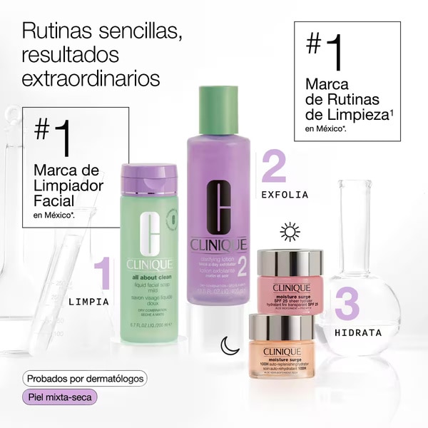 Rutina sencilla Clinique. Limpiador, exfoliante e hidratante de rostro.